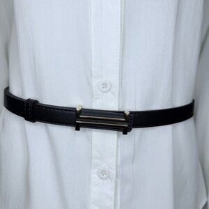 Black faux leather gold tone buckle skinny belt